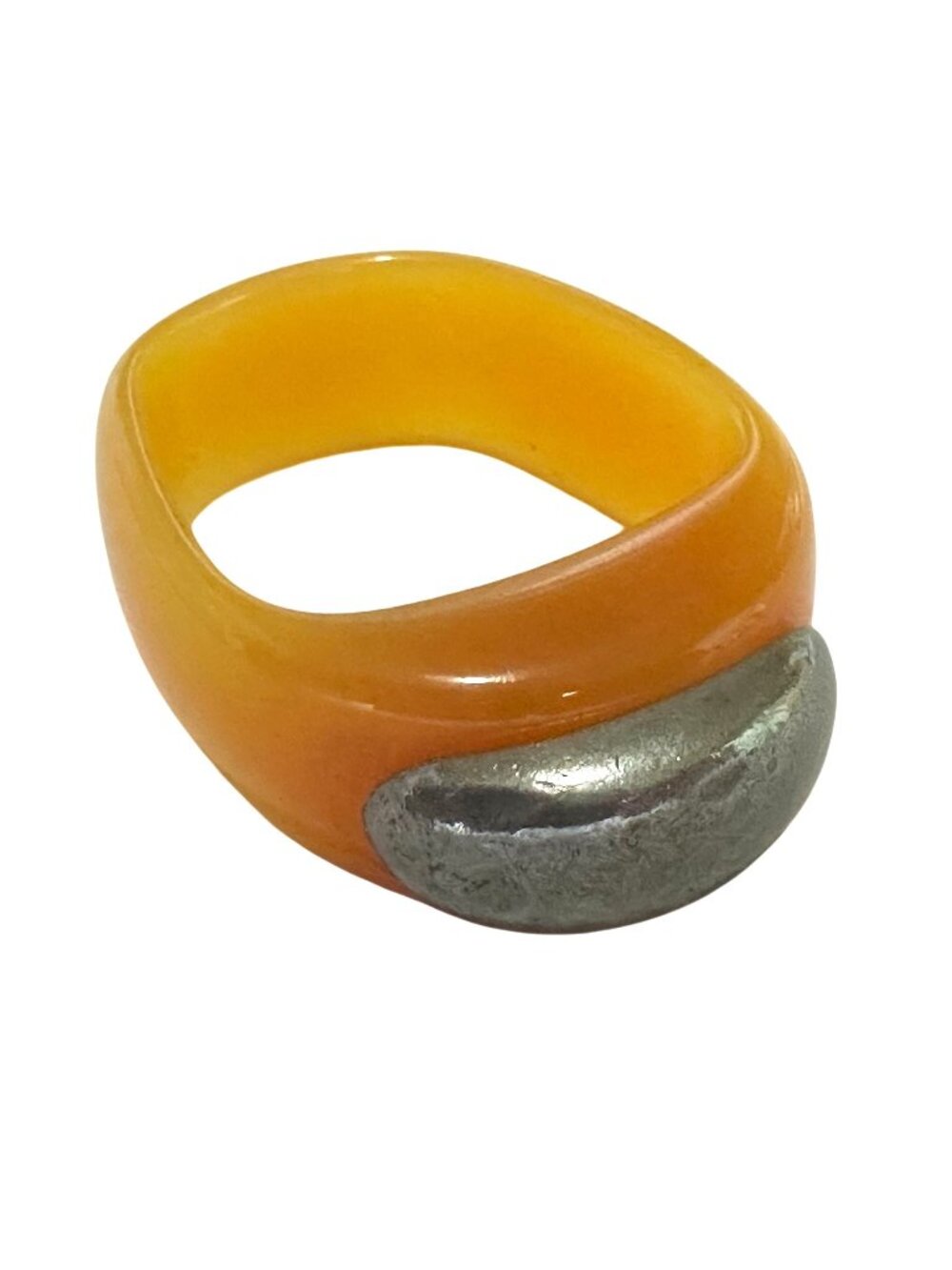 Vintage 1995 Petaniello Boston Butterscotch Lucite & Pewter Modernist Ring Size